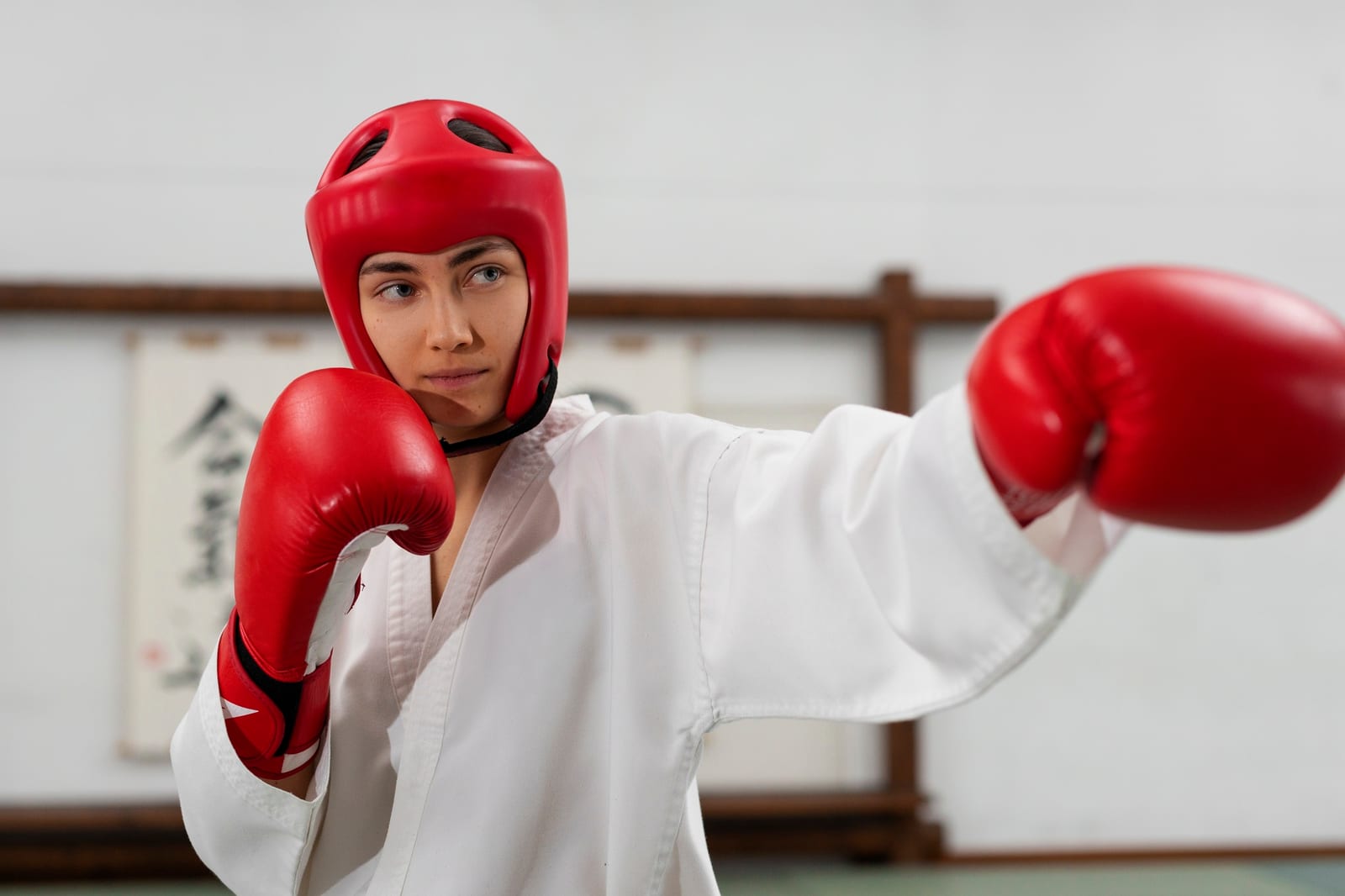A woman in a white gi with red headgear and red gloves throwing a punch in a dojo.